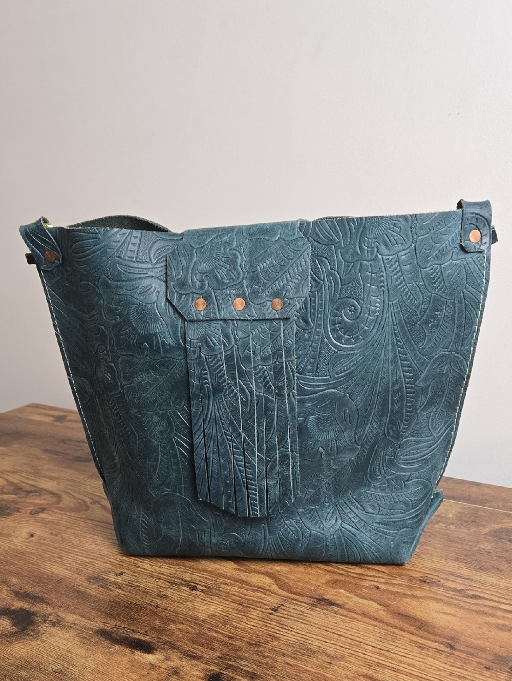 Arden + James Embossed Teal Fringe Leather Hobo Shoulder Bag Boho Southwestern